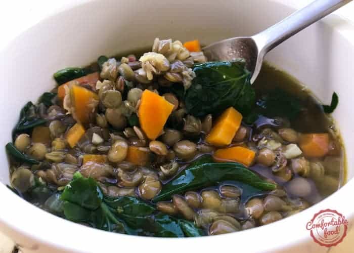 Easy and hearty lentil soup with spinach recipe.