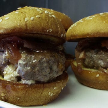 Blue cheese stuffed sliders with red onion orange compote