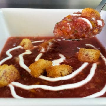 Watermelon Cucumber Gazpacho With Habanero Croutons 2 Recipe for gazpacho with watermelon and cucumber.