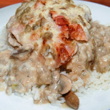 Succulent chicken breasts smothered with mushrooms and bacon.