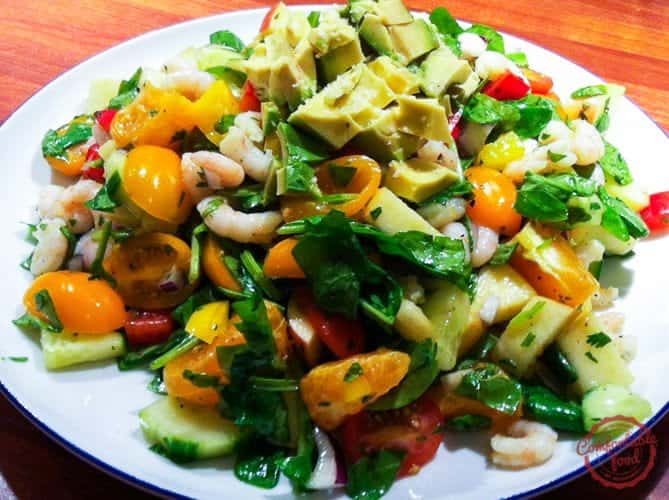 Very colorful shrimp cilantro orange spinach salad