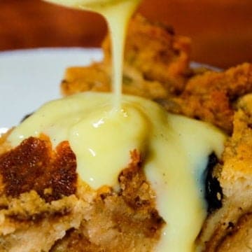 A recipe for traditional bread pudding with creme anglaise.