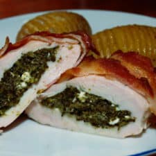 Bacon Wrapped Stuffed Chicken Breasts 2 Stuffed chicken breasts wrapped in bacon.