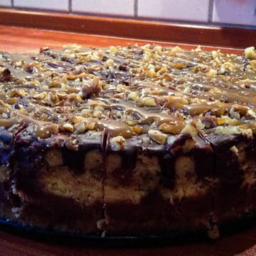 A layered turtle cheesecake recipe from comfortable food.