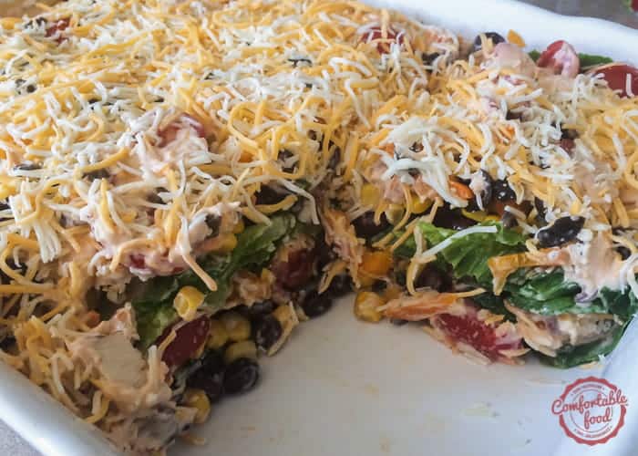 Bbq ranch chicken salad in a cake pan!