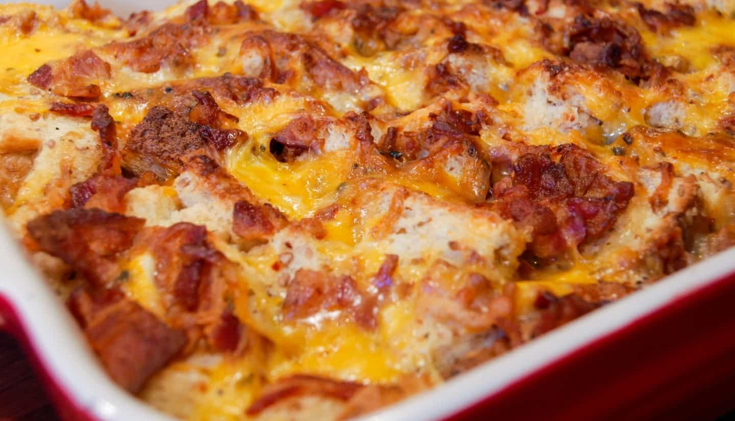 breakfast casserole loaded with bacon and cheese