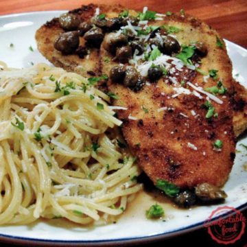Breaded eggplant served with pasta