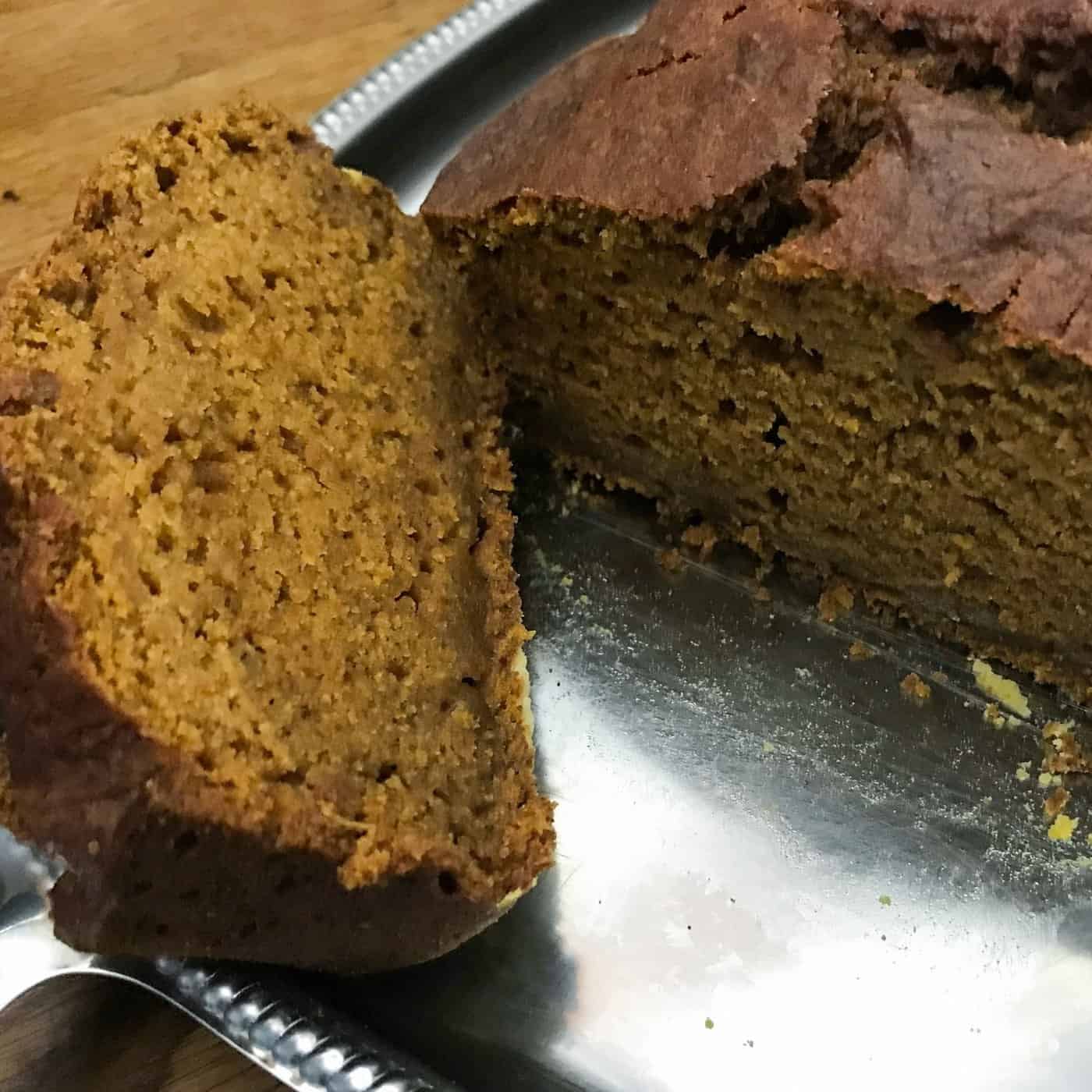 Starbuck's pumpkin bread sliced and a loaf