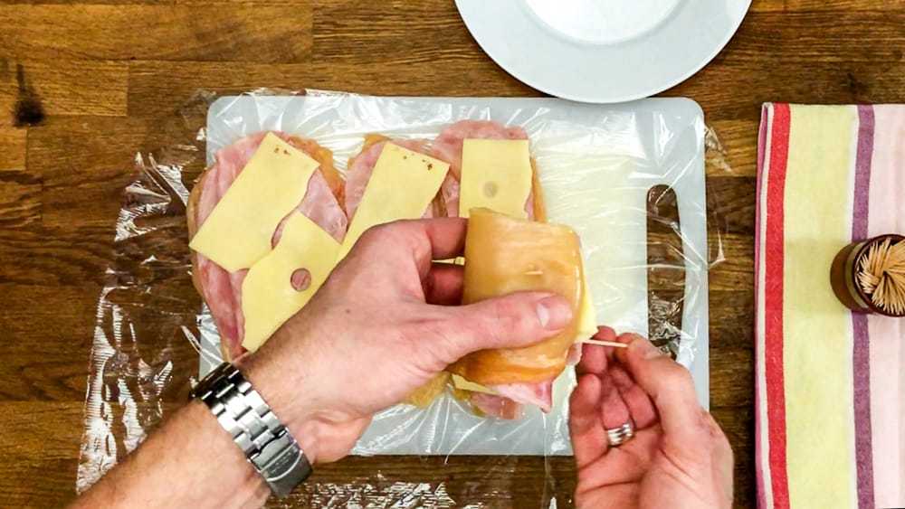  roll up the cutlets and secure them in place with toothpicks. 