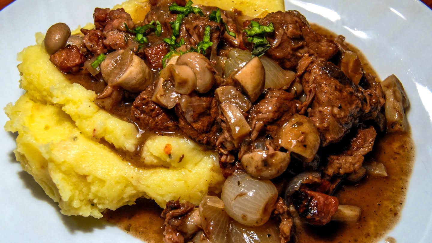 Beef Burgundy with mushrooms served with mashed potatoes
