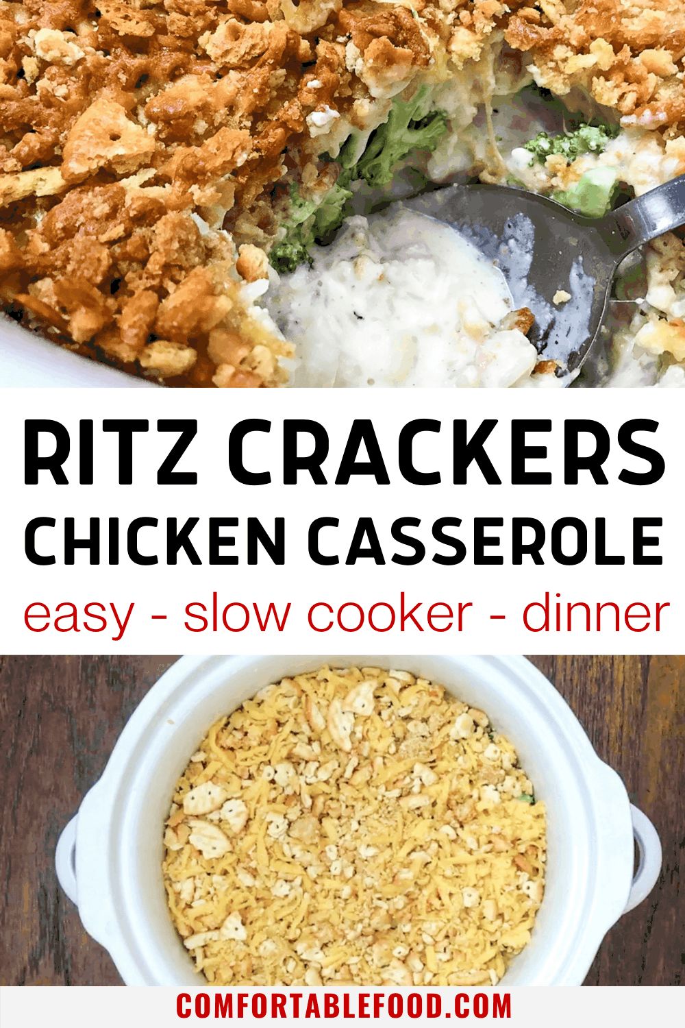 One spoon of chicken casserole with ritz crackers and broccoli and a slow cooker