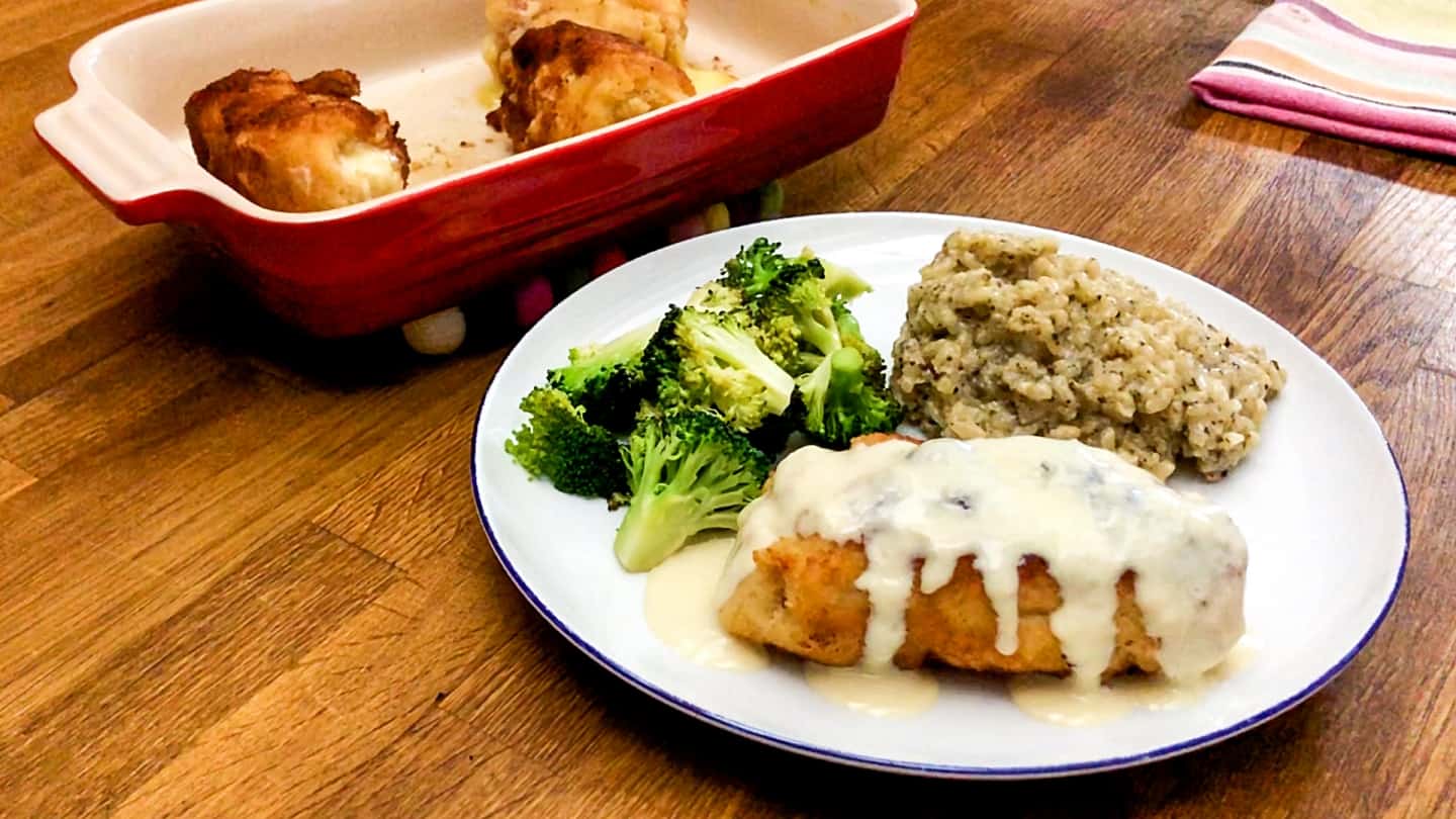 Baked condon bleu served with brocoli and brown rice