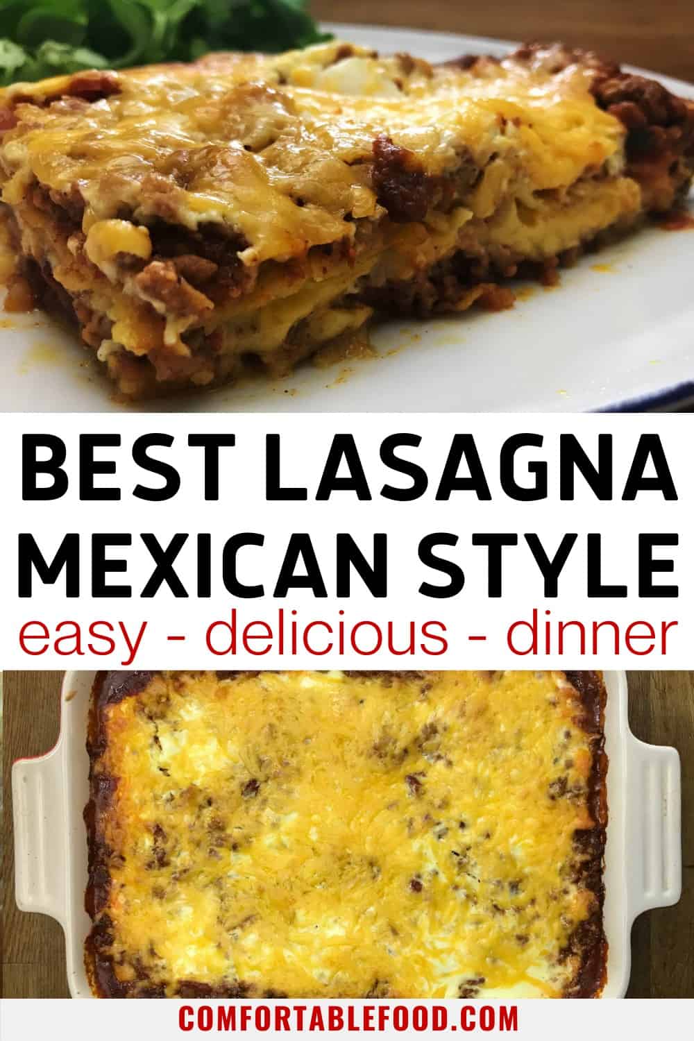 Mexican lasagna loaded with a succulent meat mixture, layered with crispy corn tortillas, and smothered with shredded cheddar cheese