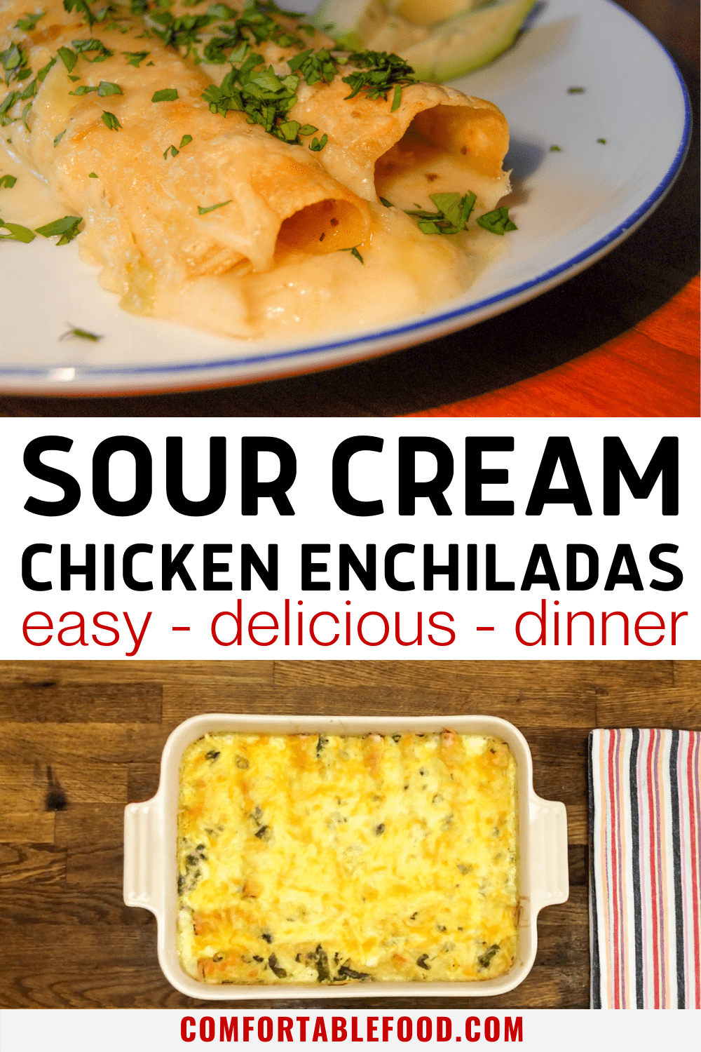 Sour cream chicken enchiladas topping with fresh cilantro