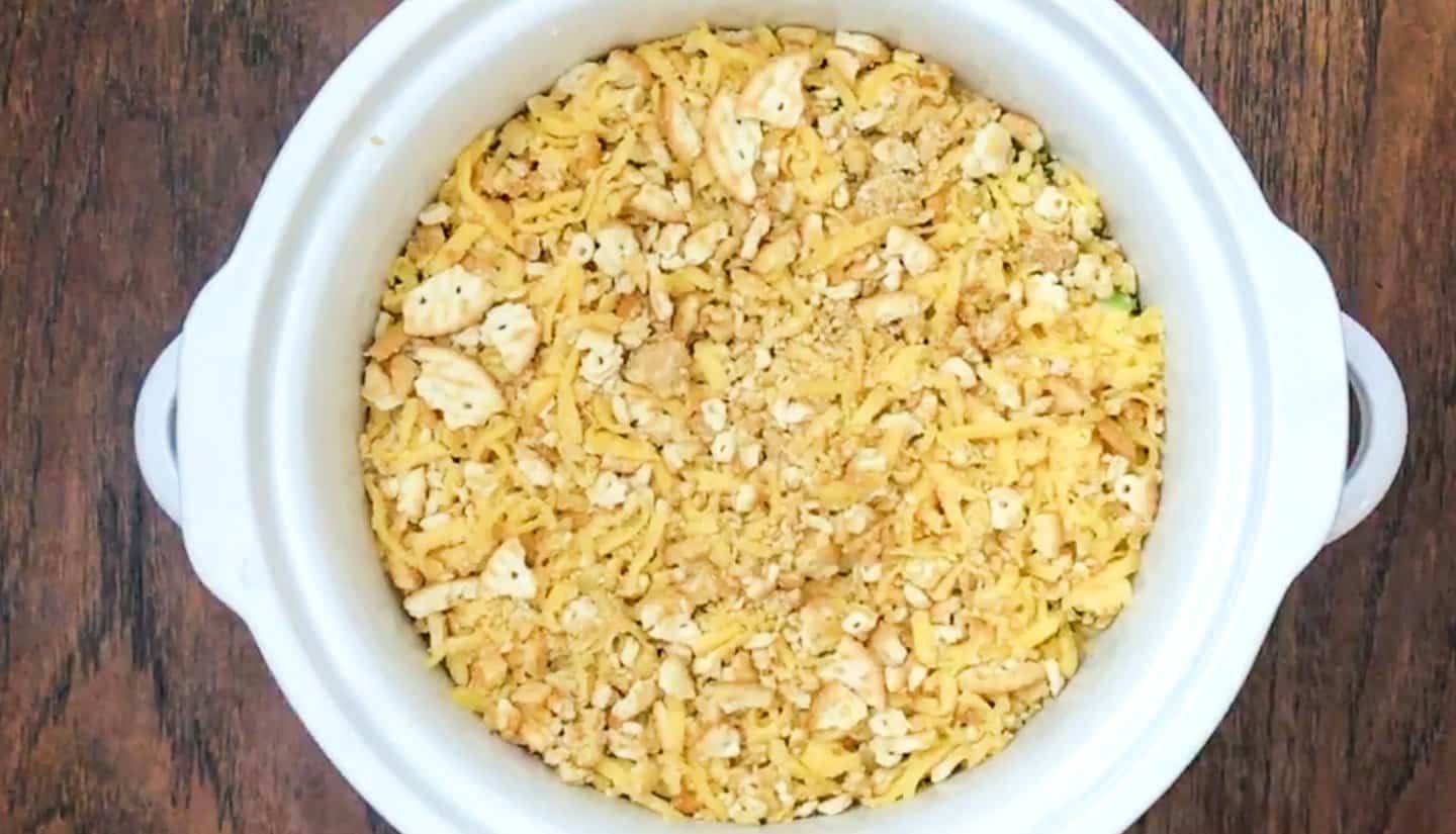crushed Ritz crackers on top of chicken casserole mixture