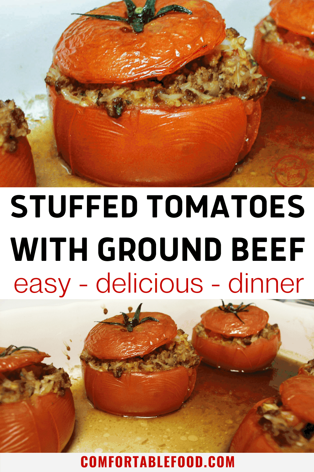 Juicy stuffed tomatoes with ground beef and rice in a pan