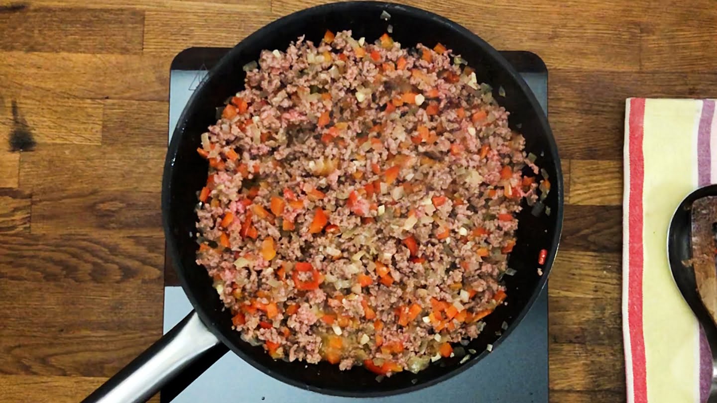 Onion and peppers with ground beef