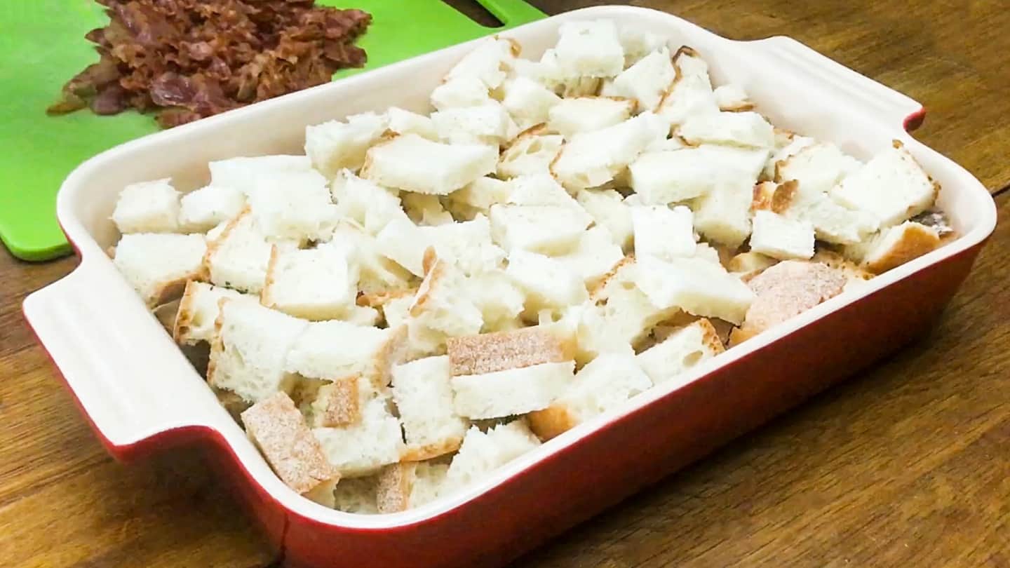 e bread cubes in the bottom of the dish