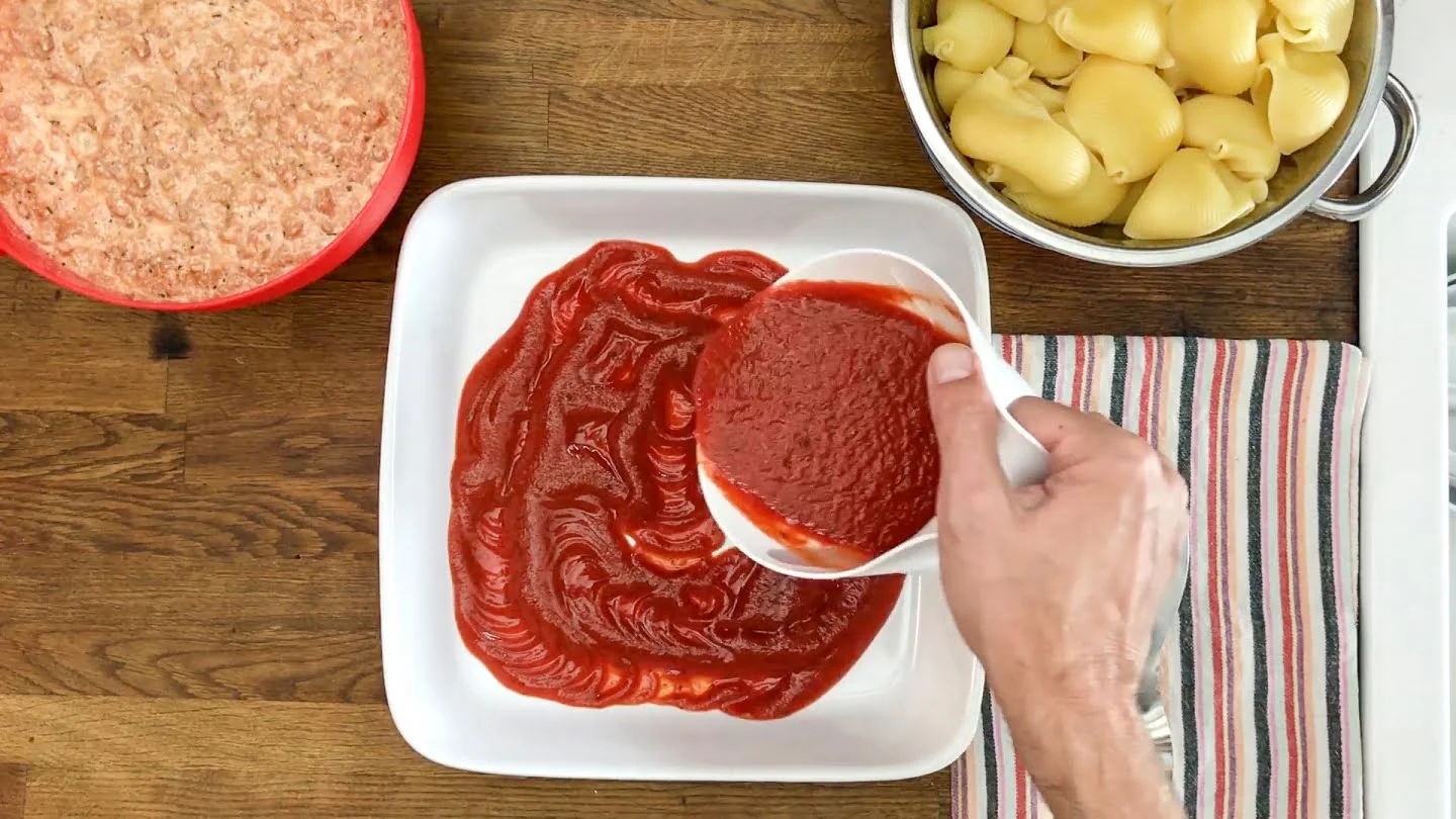 marinara sauce in a baking pan