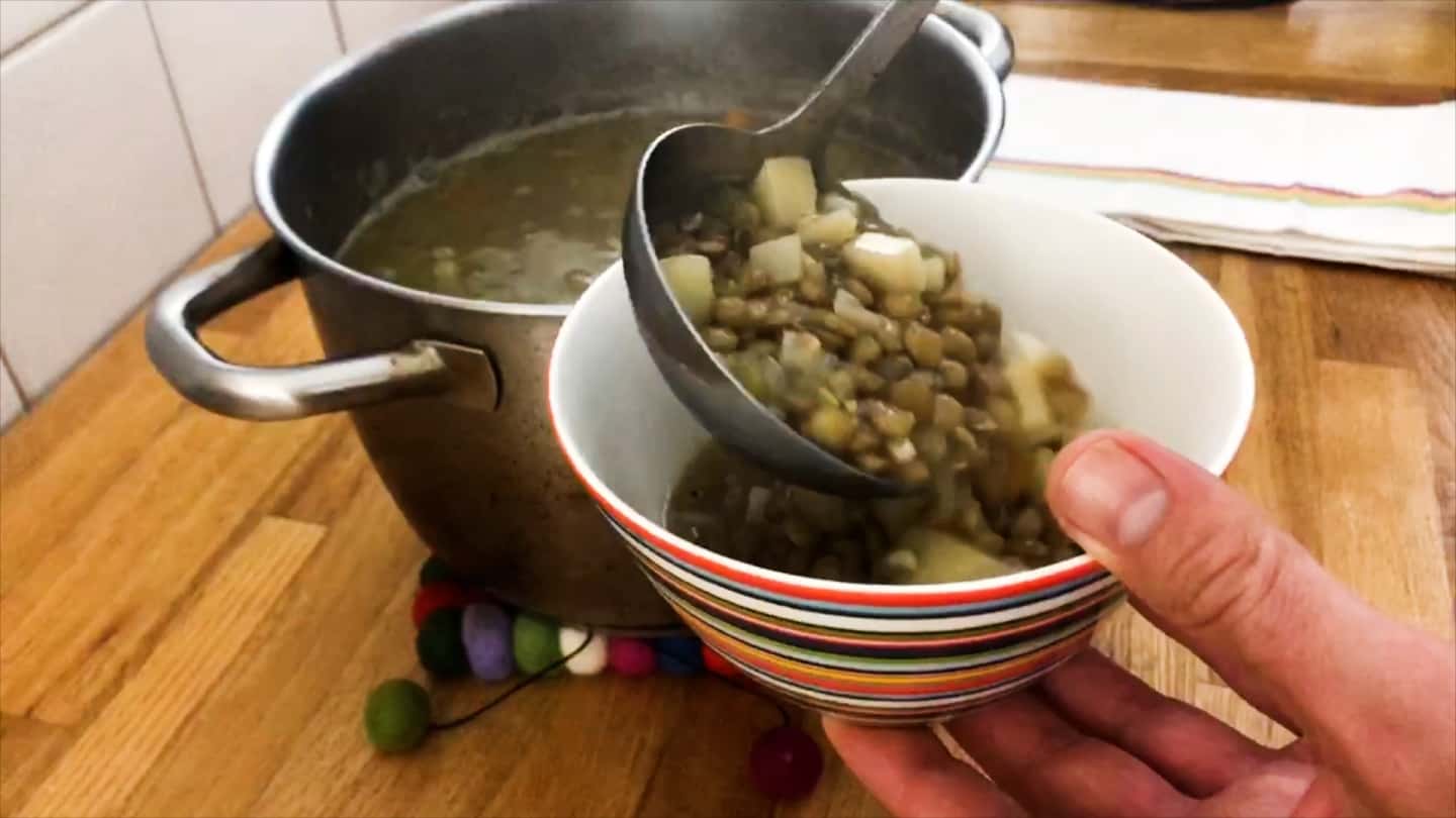 serving lentil potato soup