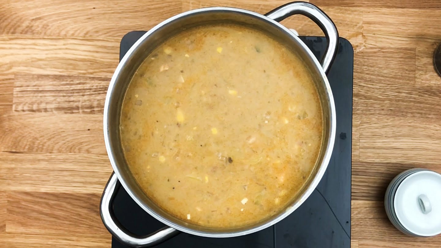 Chicken corn chowder soup in a pot
