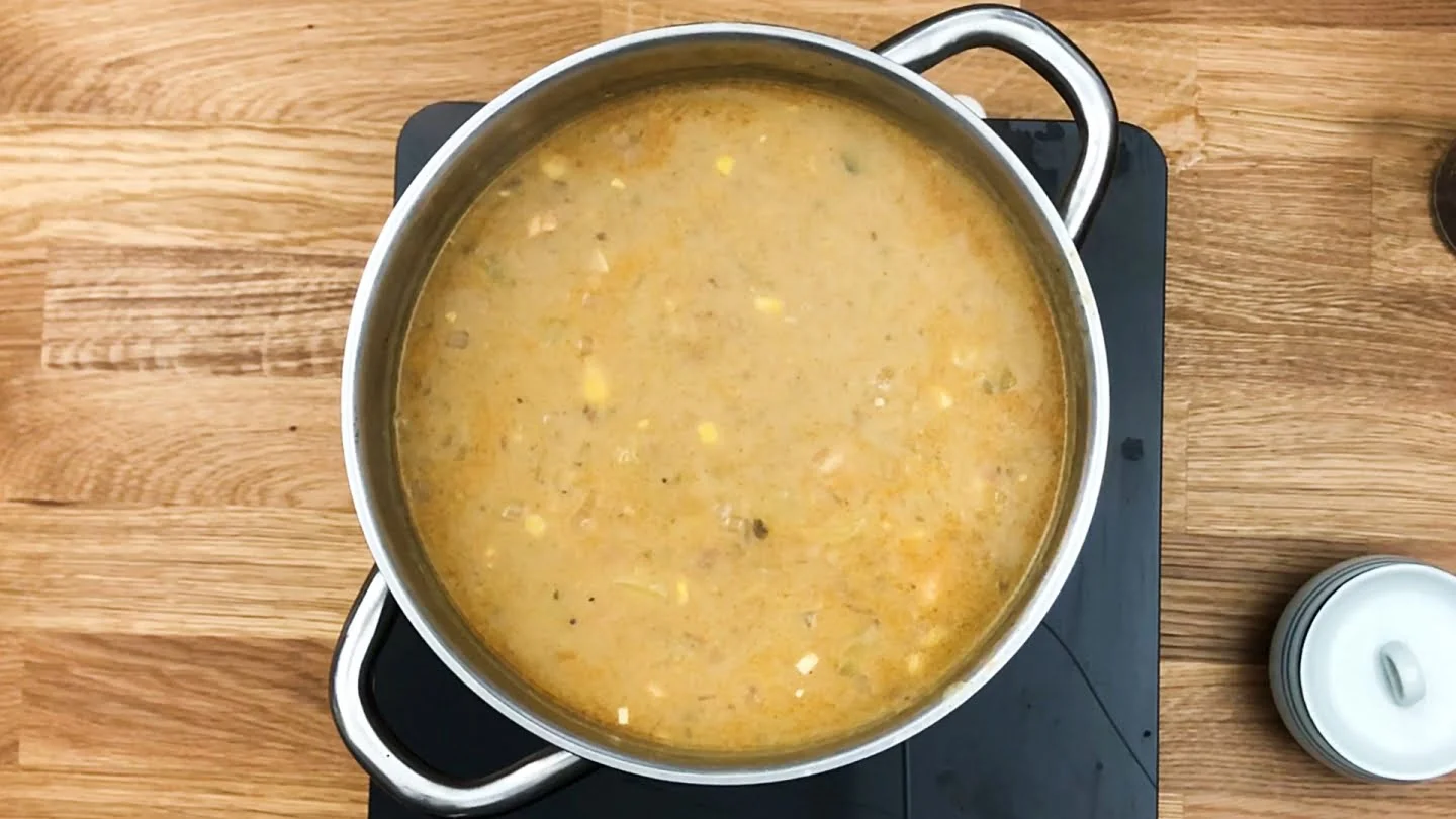  chicken corn chowder soup in a pot