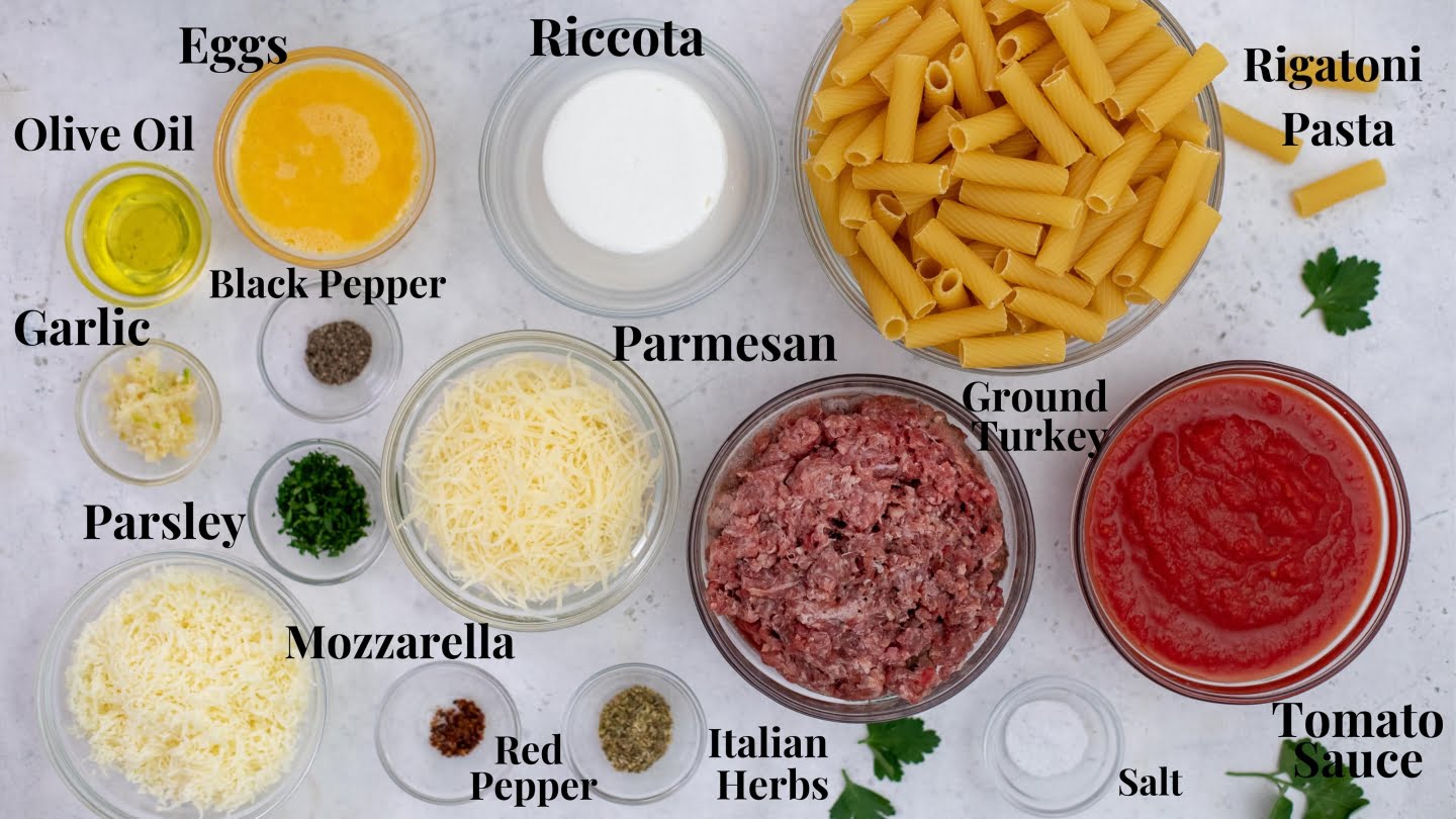Ingredients eggs, olive oil, garlic, parsley, mozzarella, peppers, ground turkey, tomato sauce, rigatoni pasta