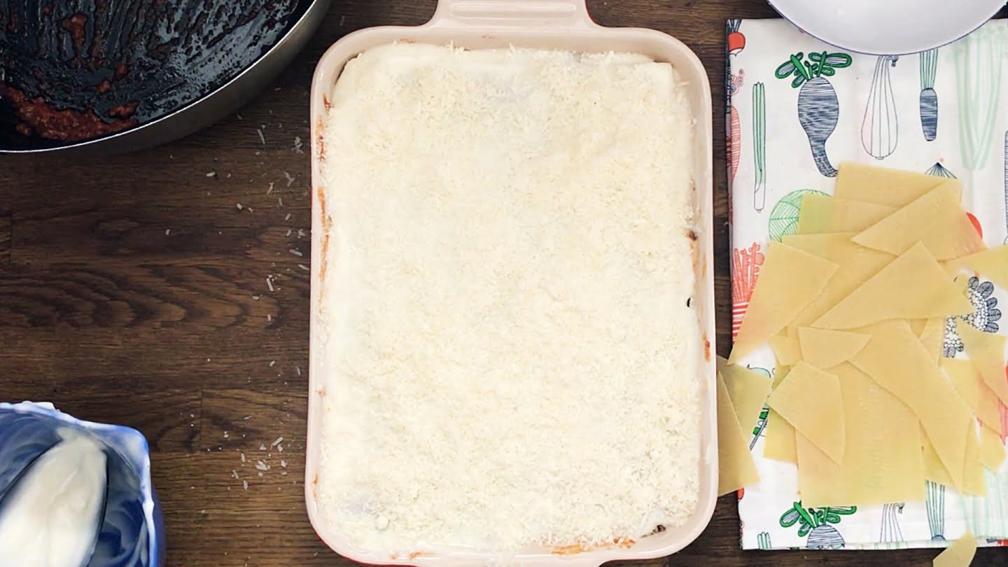 Lasagna with parmesan on top