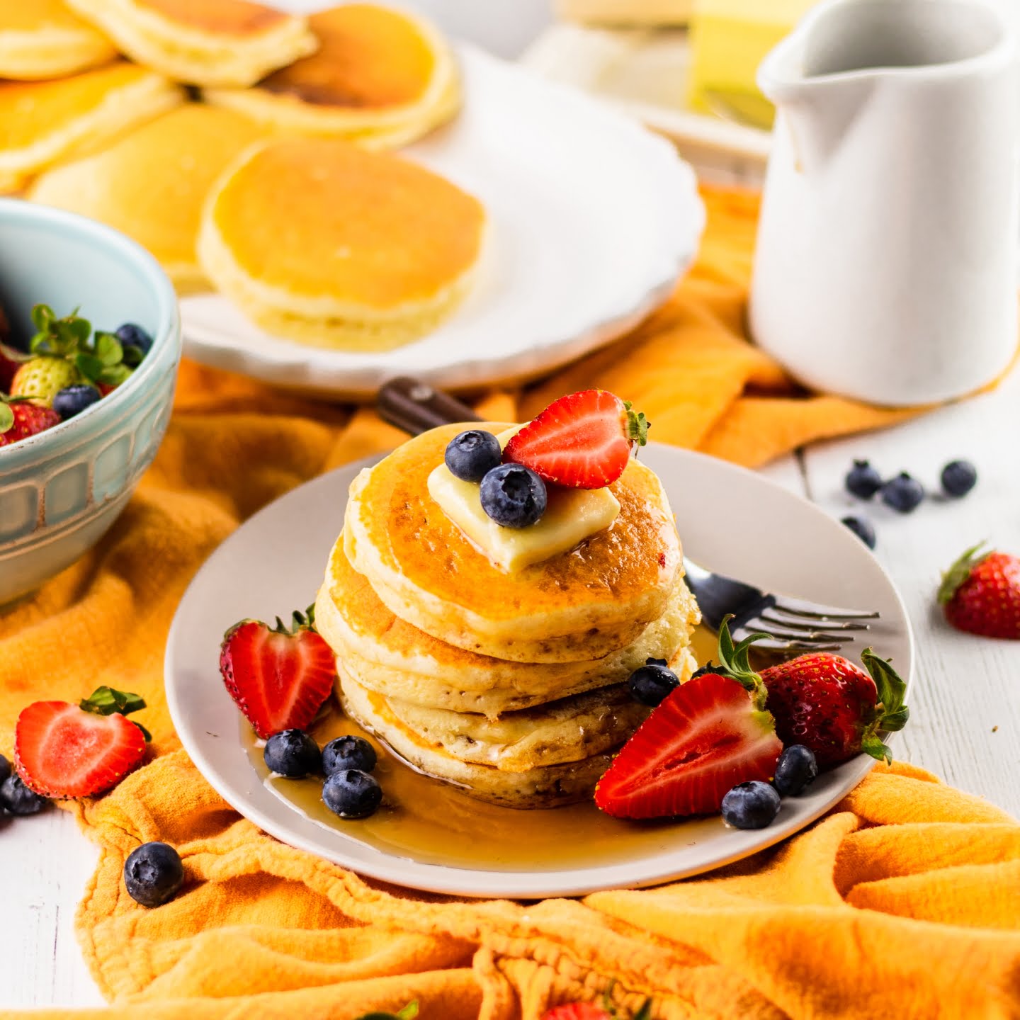  Aunt Jemima pancake with butter and berries syrup on top