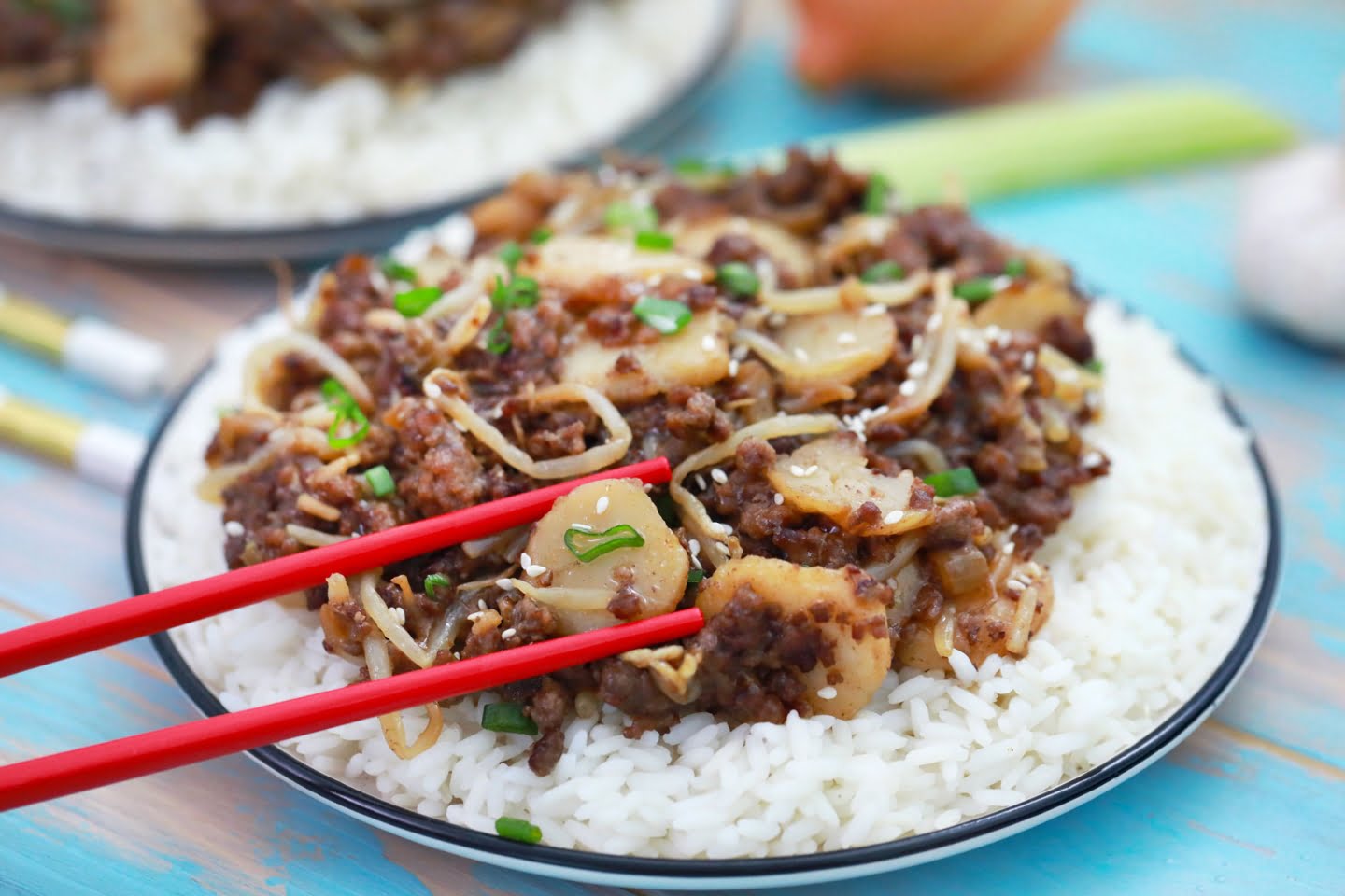 Beef chop suey with rice