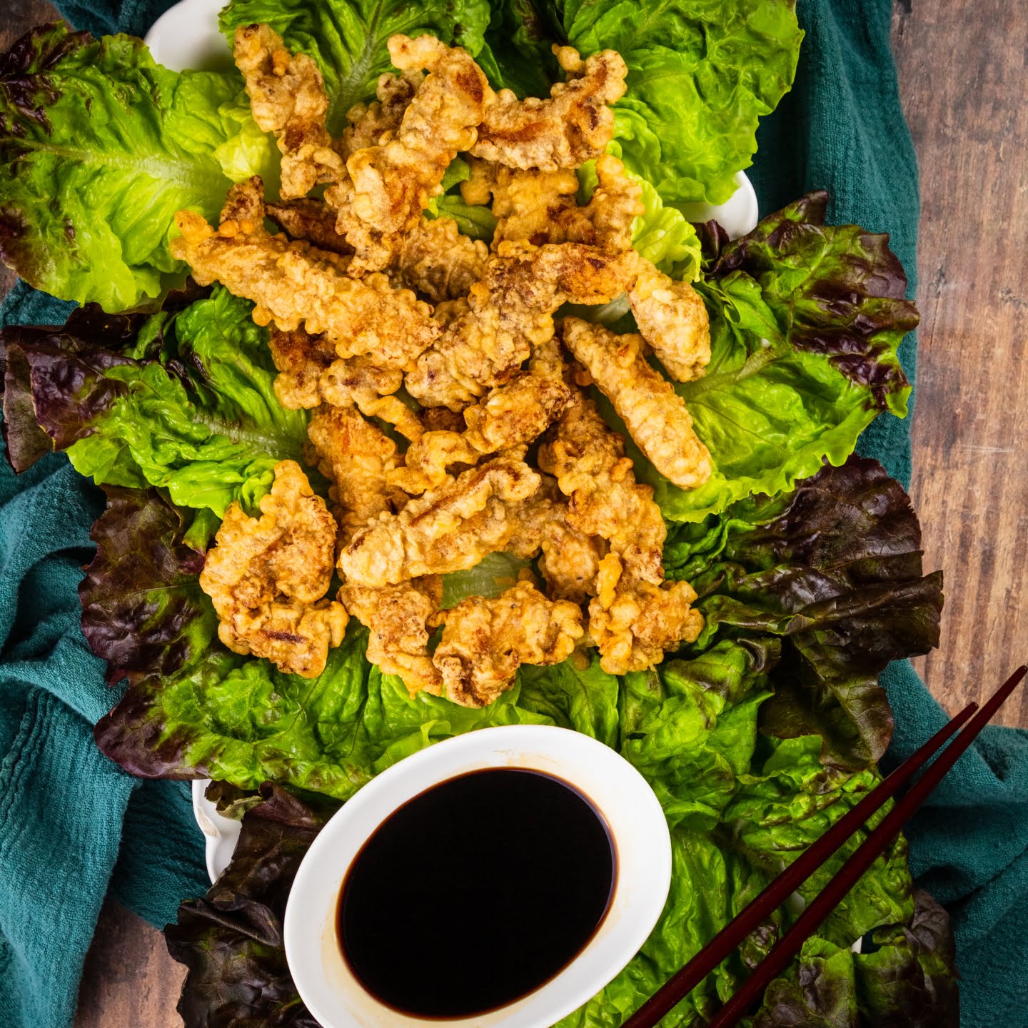 Chicken Tempura in a salad bed