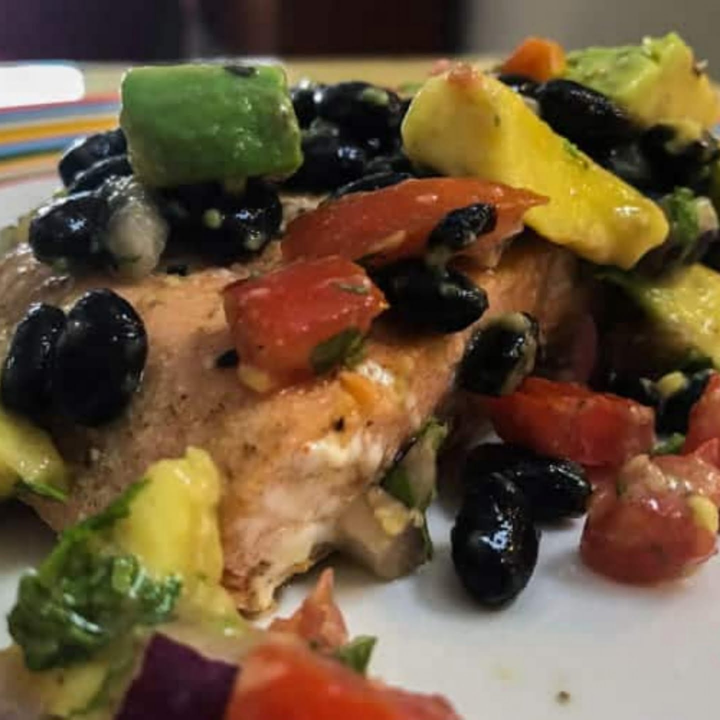 GRILLED SALMON WITH AVOCADO BLACK BEAN SALSA