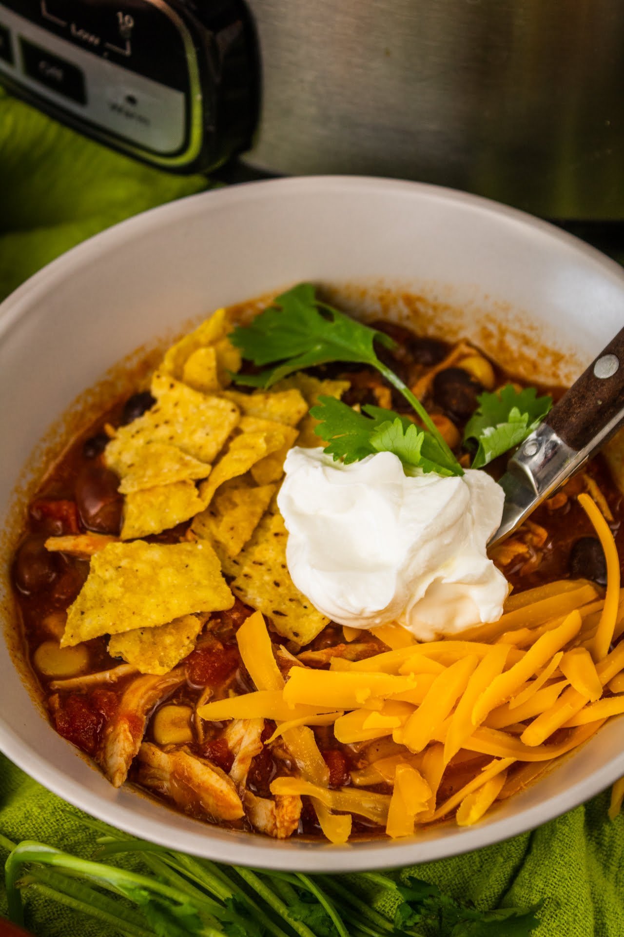Chicken taco soup serving