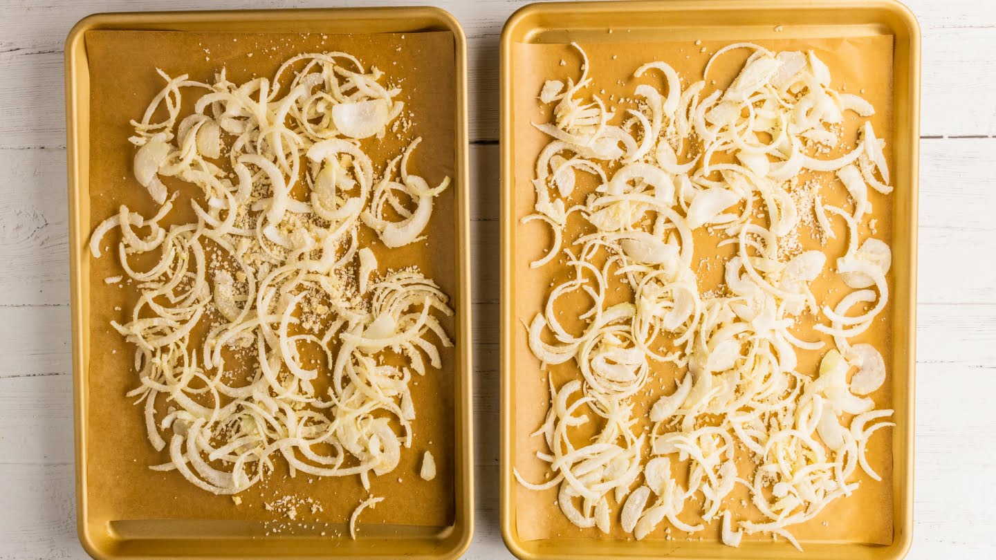 spread onions evenly onto the baking sheets