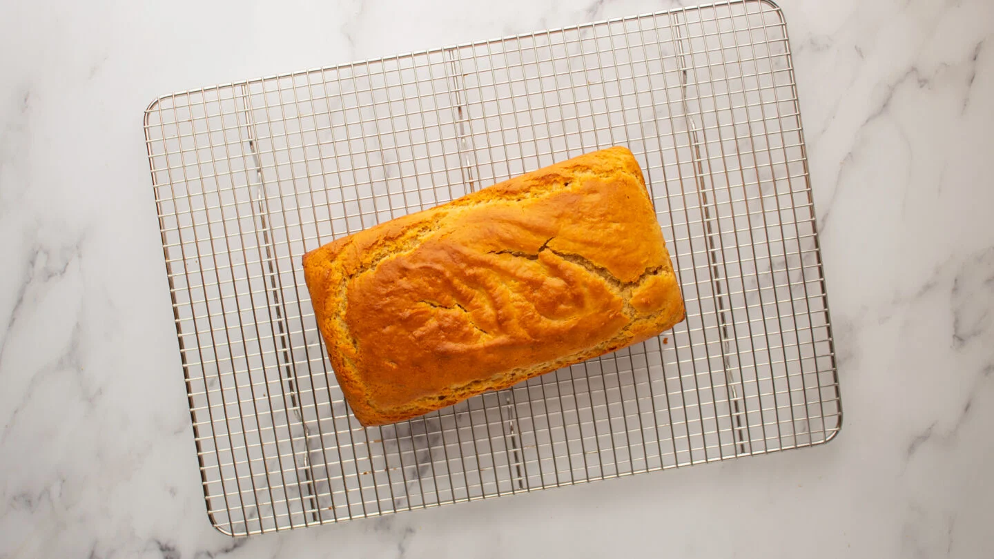 Remove the loaf pan from the oven and allow the peanut butter loaf to sit for 10 to 15 minutes