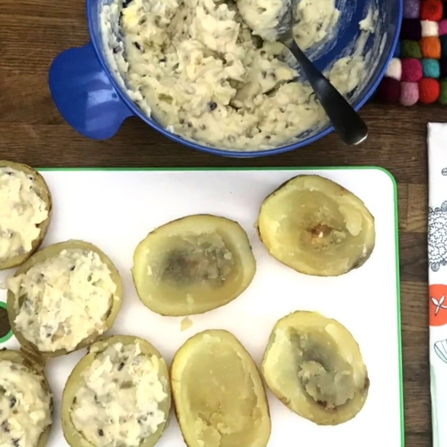 Stuff the potato skins with the mashed potato filling