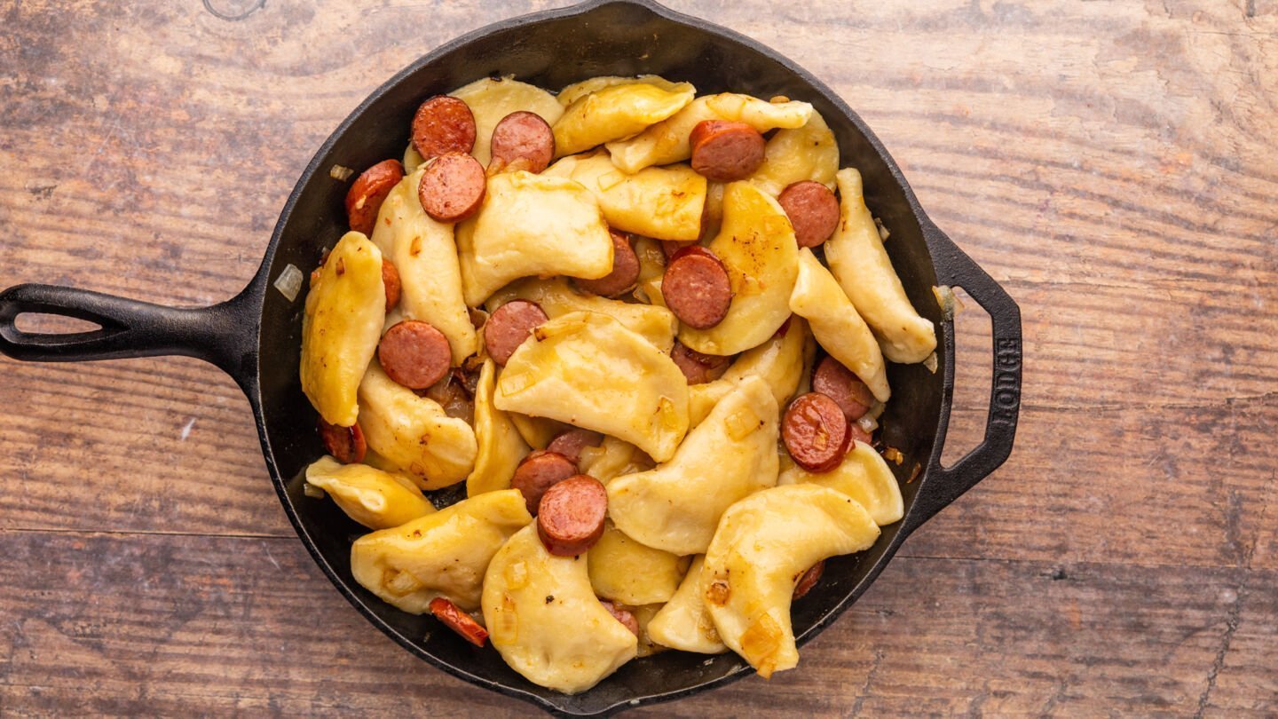 Cook pierogies in the skillet for 2-3 minutes