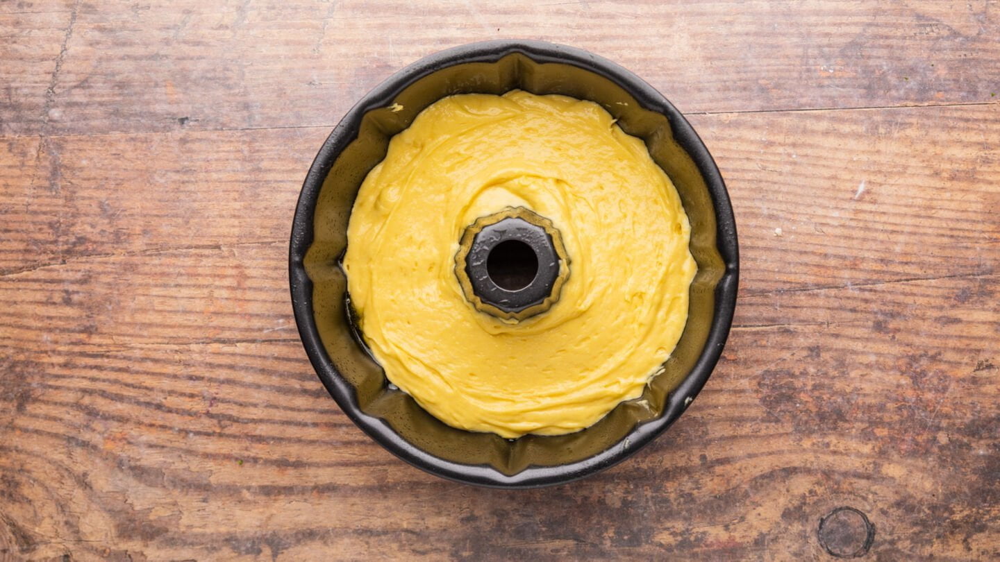 Pour ⅔rds of the batter into the prepared bundt pan