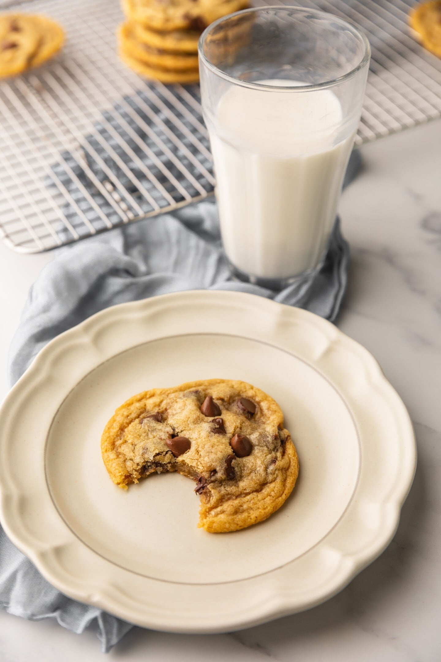 chocolate chip cookies with glass of milk