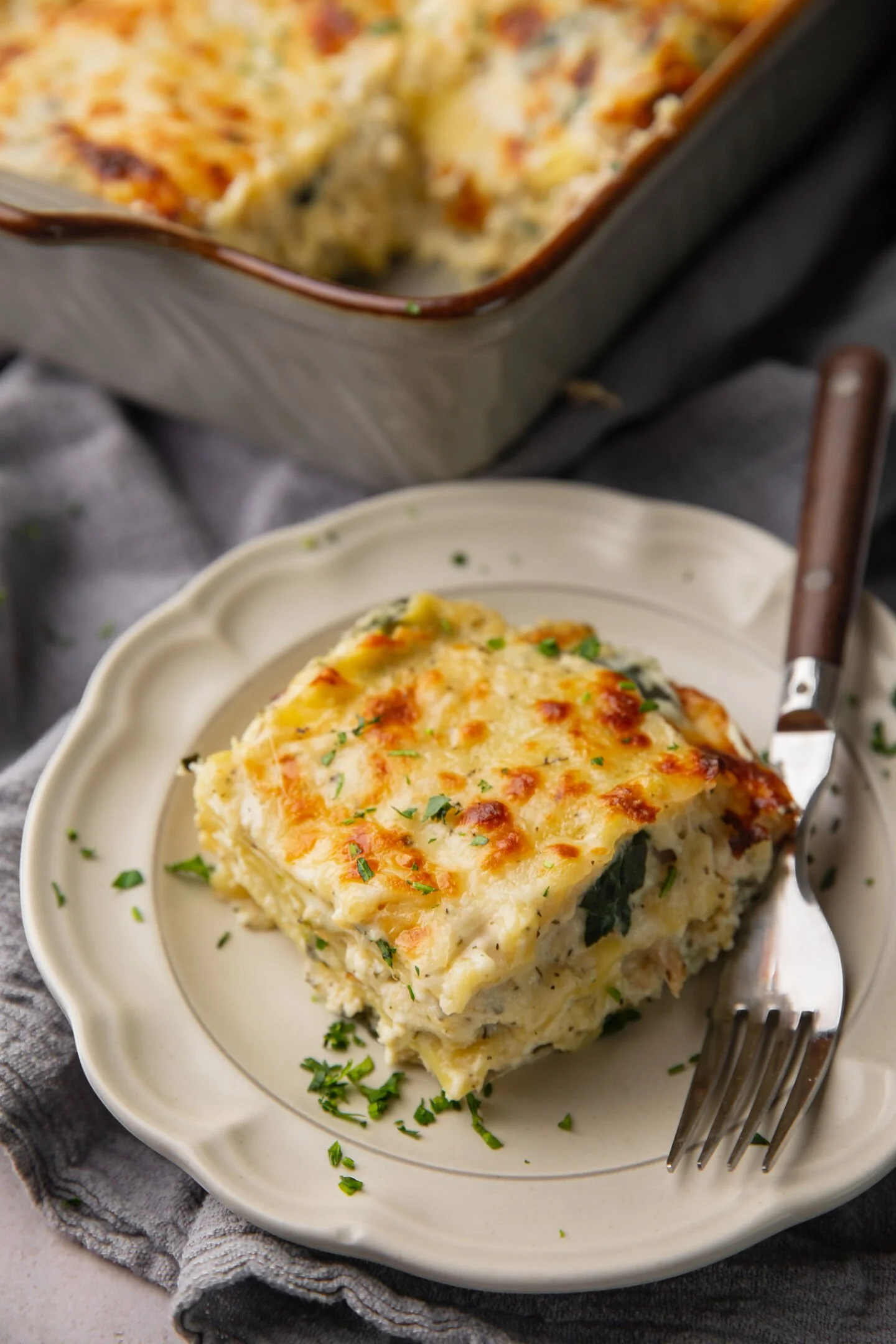 white chicken lasagna in a plate